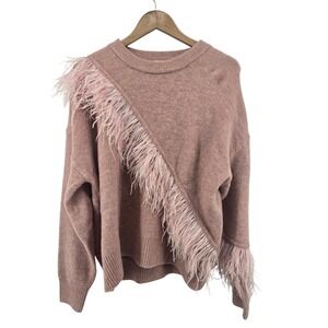 Cinq a Sept Pullover Womens Medium Pink Merritt Feather Trim Wool Blend Sweater